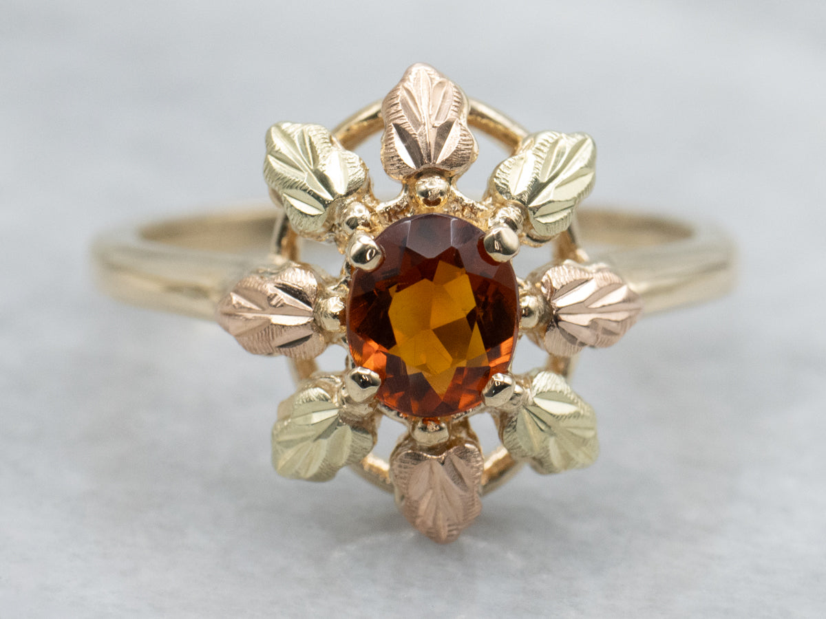 Citrine Solitaire in Vintage Black Hills Gold Style Ring