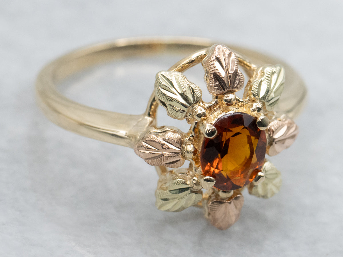 Citrine Solitaire in Vintage Black Hills Gold Style Ring