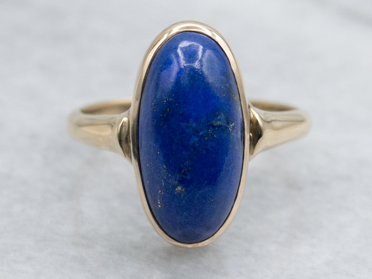 Elongated Oval Cut Lapis Vintage Yellow Gold Solitaire Ring