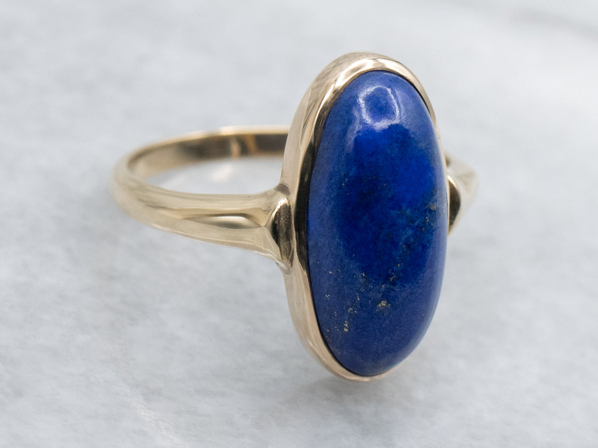Elongated Oval Cut Lapis Vintage Yellow Gold Solitaire Ring