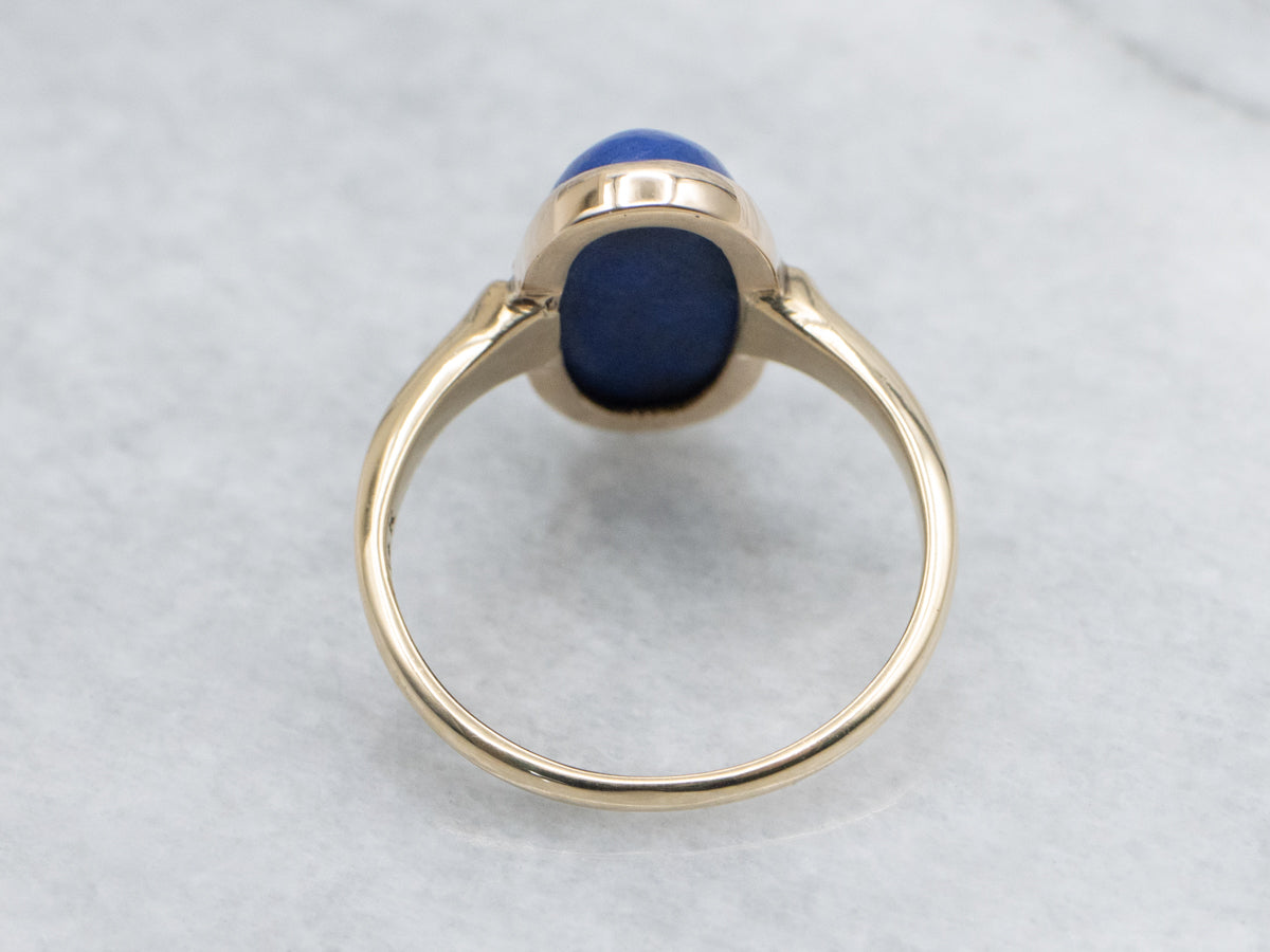Elongated Oval Cut Lapis Vintage Yellow Gold Solitaire Ring