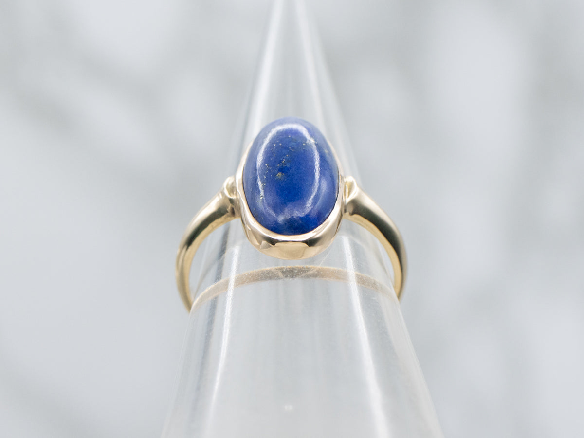 Elongated Oval Cut Lapis Vintage Yellow Gold Solitaire Ring