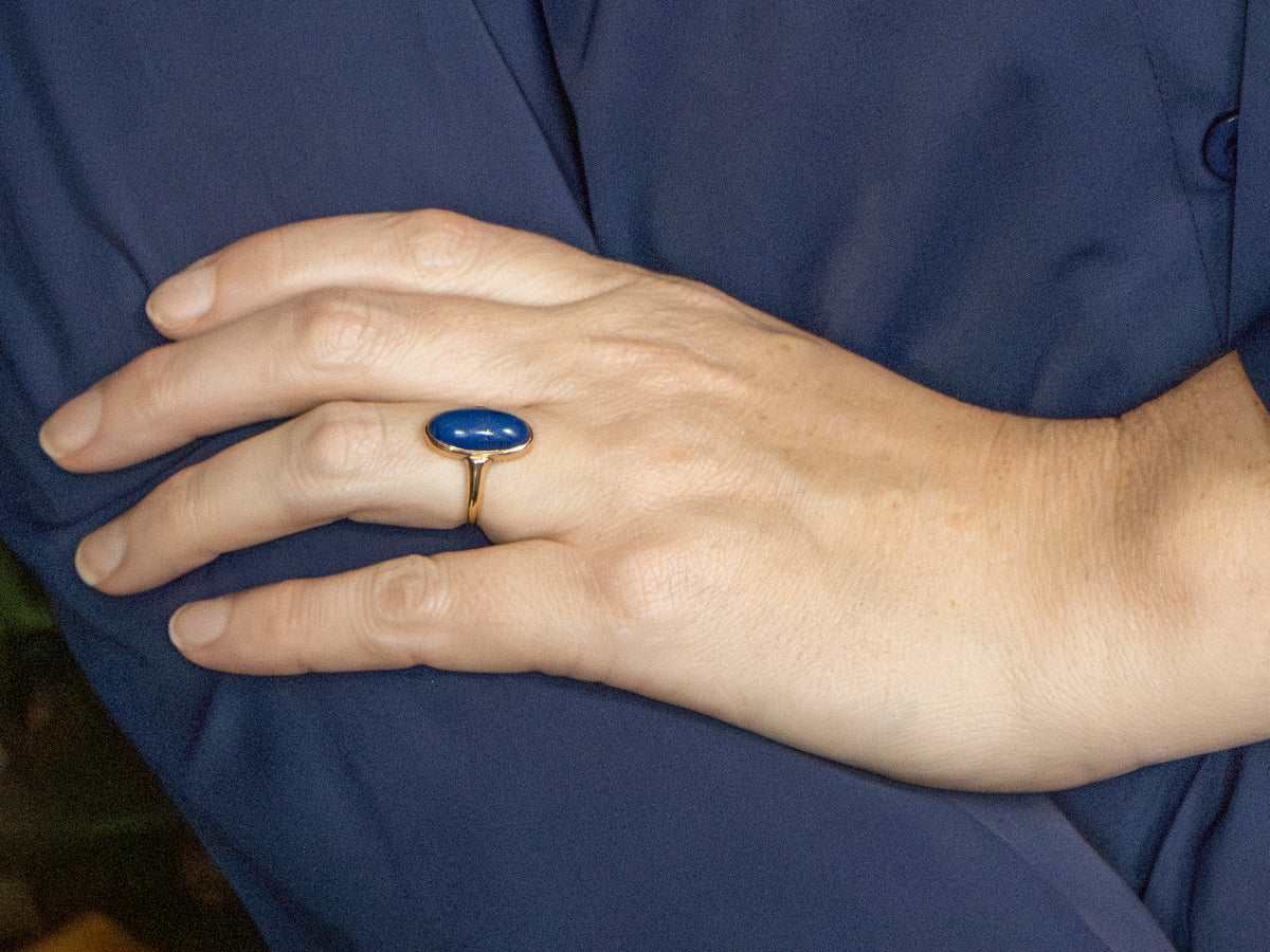 Elongated Oval Cut Lapis Vintage Yellow Gold Solitaire Ring