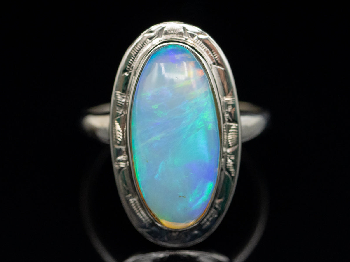 Opal Cabochon in Vintage White Gold Etched Bezel Setting