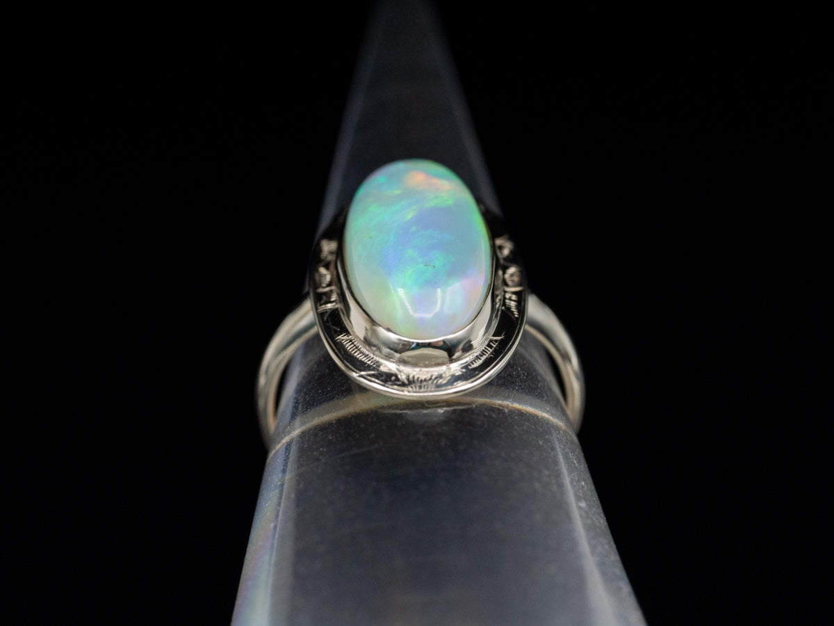Opal Cabochon in Vintage White Gold Etched Bezel Setting