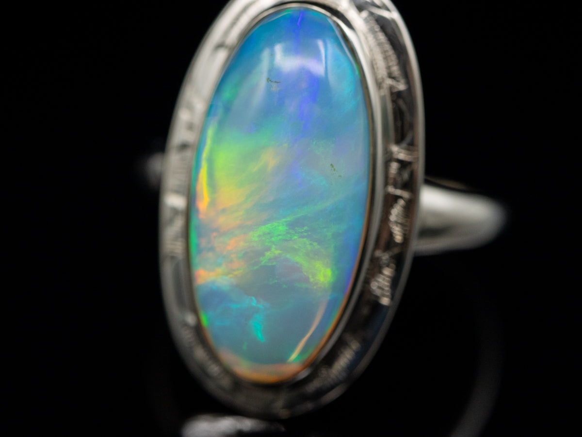 Opal Cabochon in Vintage White Gold Etched Bezel Setting
