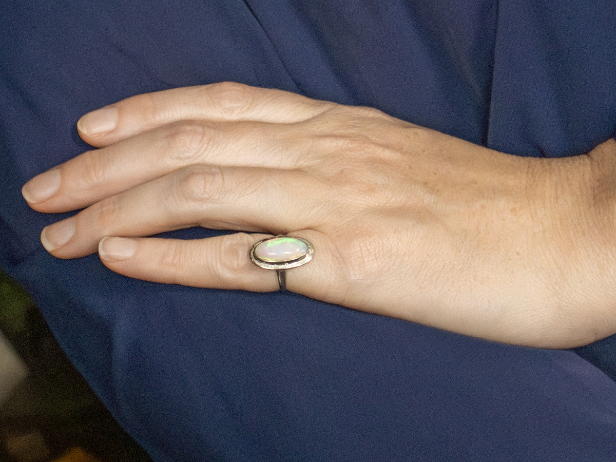 Opal Cabochon in Vintage White Gold Etched Bezel Setting