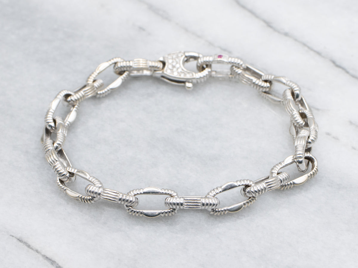 White Gold Nautical Link Bracelet with Diamond Clasp and Ruby Accent