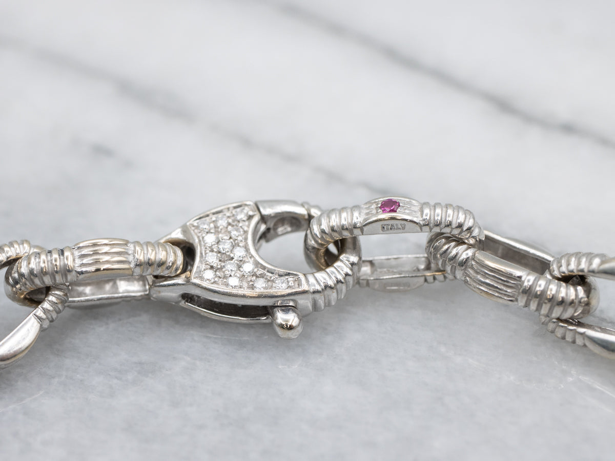 White Gold Nautical Link Bracelet with Diamond Clasp and Ruby Accent