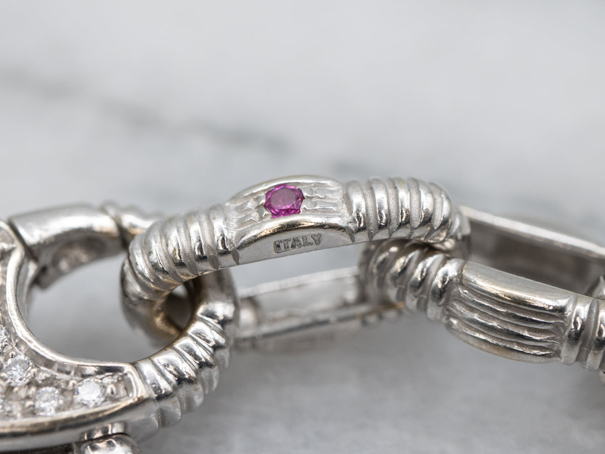 White Gold Nautical Link Bracelet with Diamond Clasp and Ruby Accent