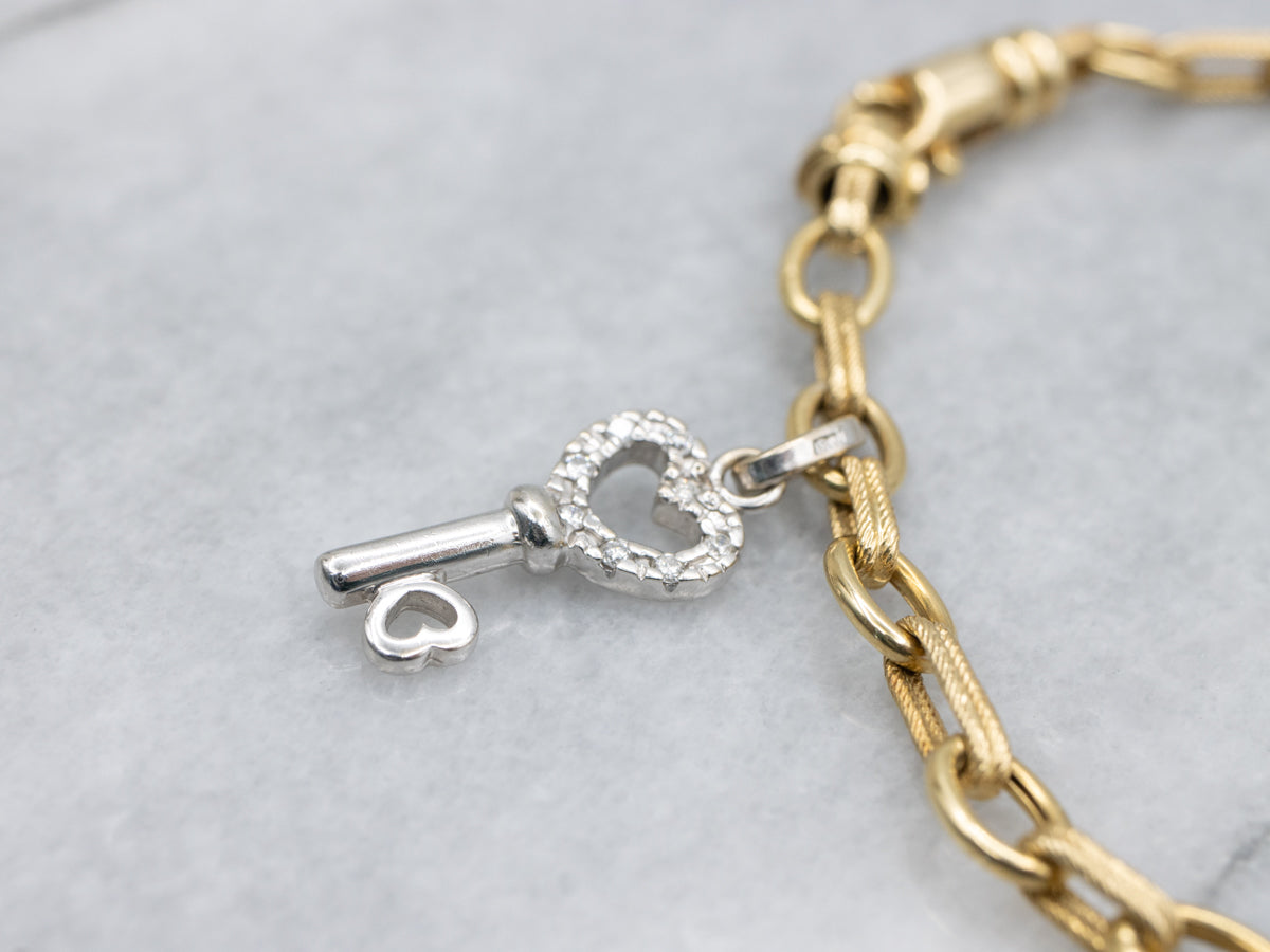 Italian 18-Karat Gold Link Bracelet with Diamond Heart Key Charm