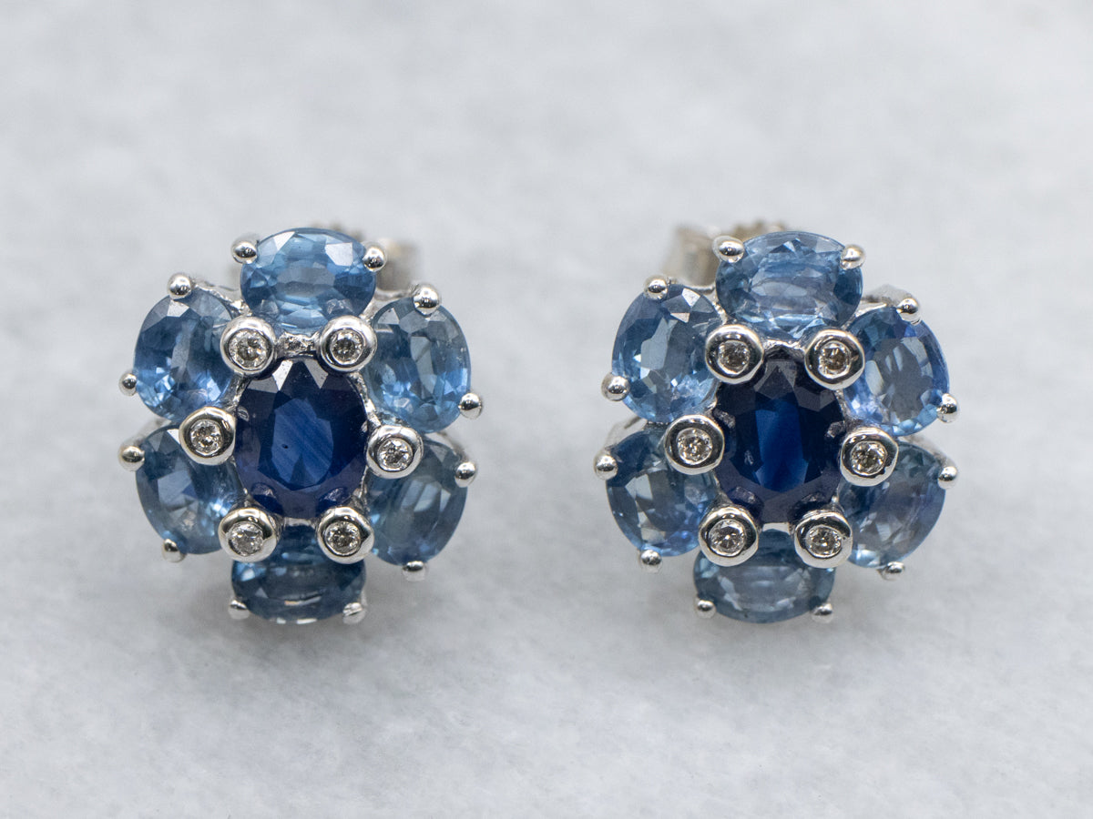 Cool-Hued Blue Sapphire and Diamond Halo Stud Earrings