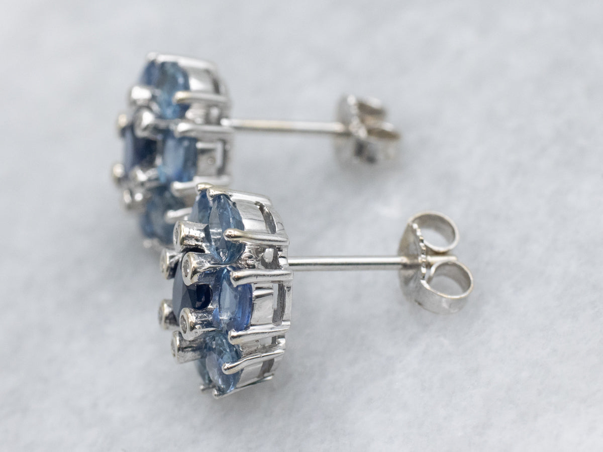 Cool-Hued Blue Sapphire and Diamond Halo Stud Earrings