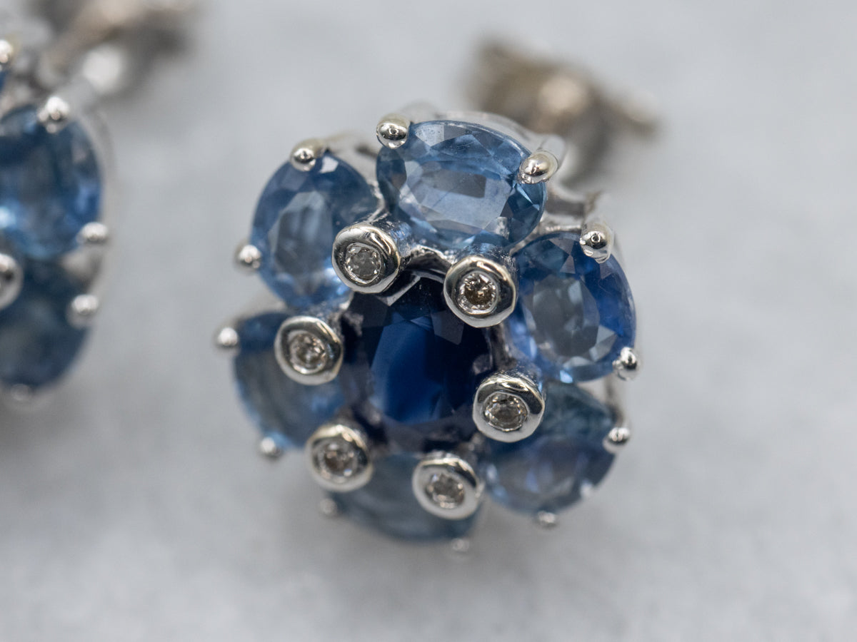 Cool-Hued Blue Sapphire and Diamond Halo Stud Earrings