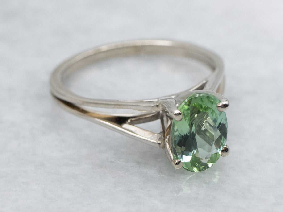 Mint-Green Tourmaline and Gold Solitaire Ring