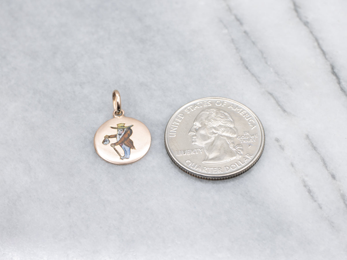 Vintage Enamel Rose Gold Disc Pendant Featuring Edwardian Era Man