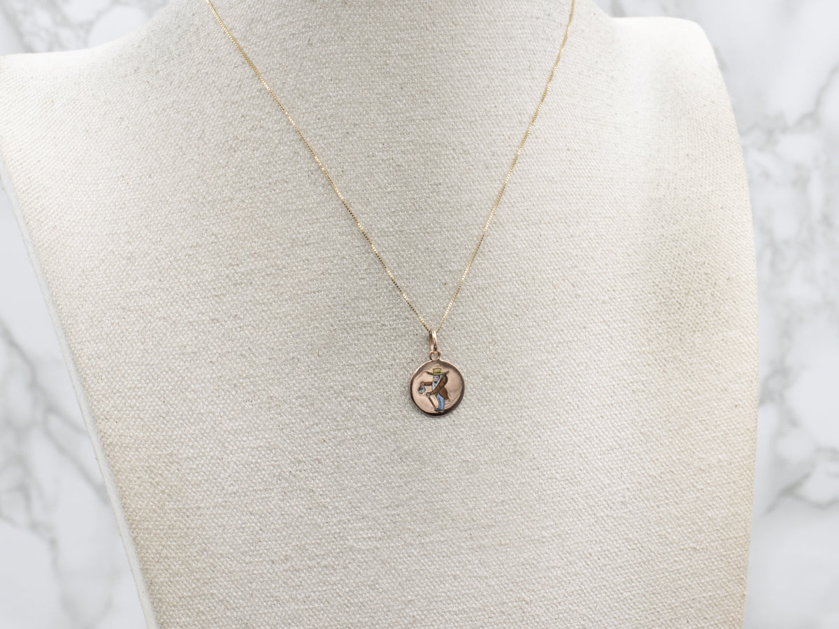 Vintage Enamel Rose Gold Disc Pendant Featuring Edwardian Era Man
