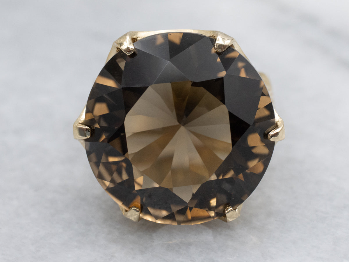 Smoky Quartz Gold Cocktail Ring with Feather Accents