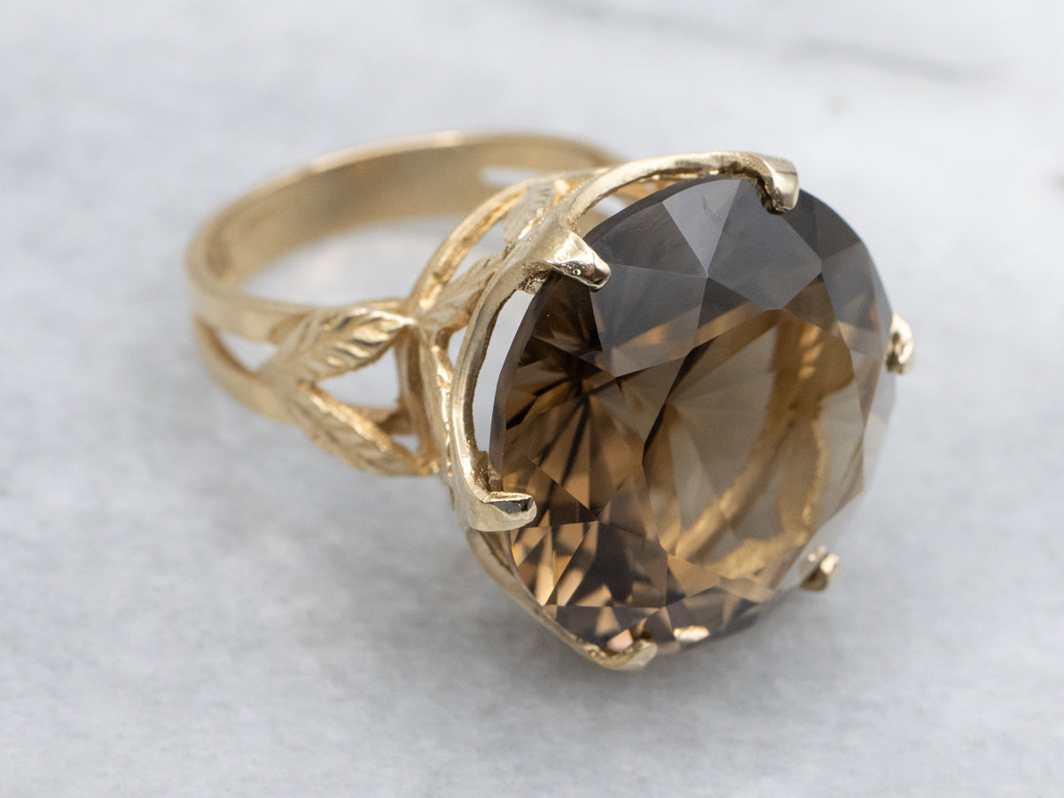 Smoky Quartz Gold Cocktail Ring with Feather Accents