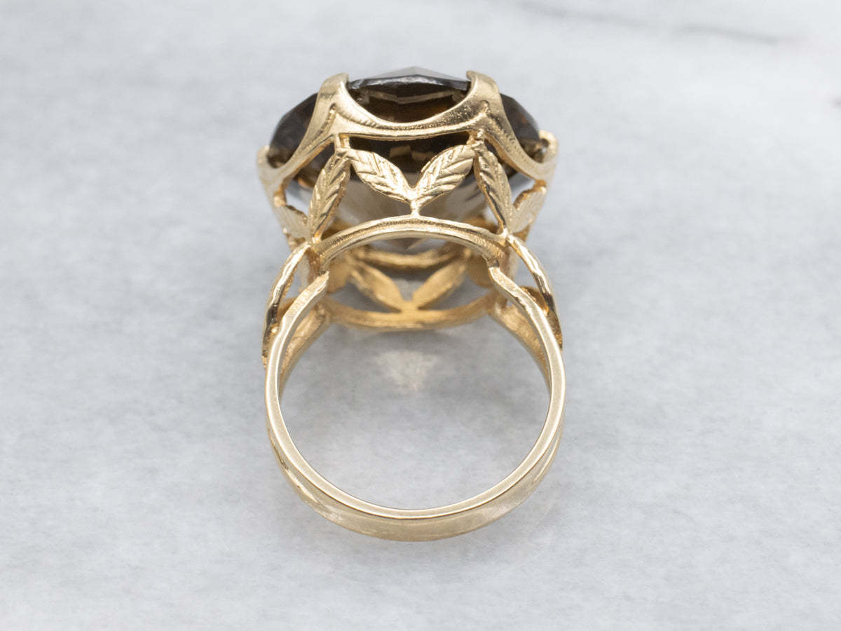Smoky Quartz Gold Cocktail Ring with Feather Accents