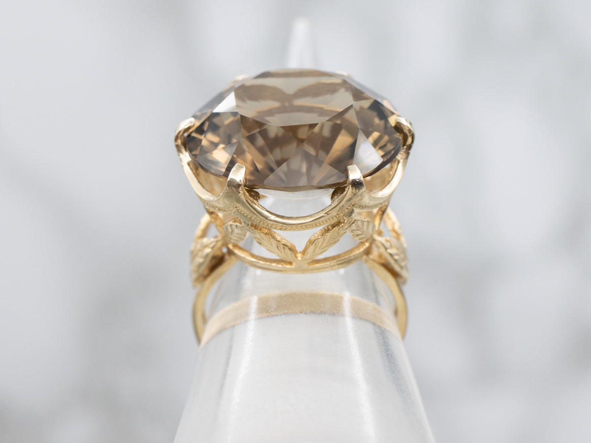 Smoky Quartz Gold Cocktail Ring with Feather Accents