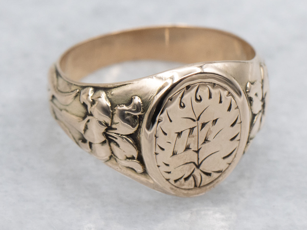 Art Nouveau Floral Engraved Antique Gold Signet Ring