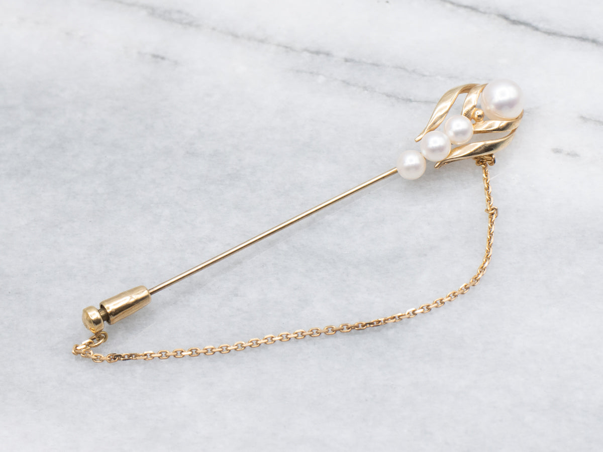 Vintage Saltwater Pearl Yellow Gold Stick Pin