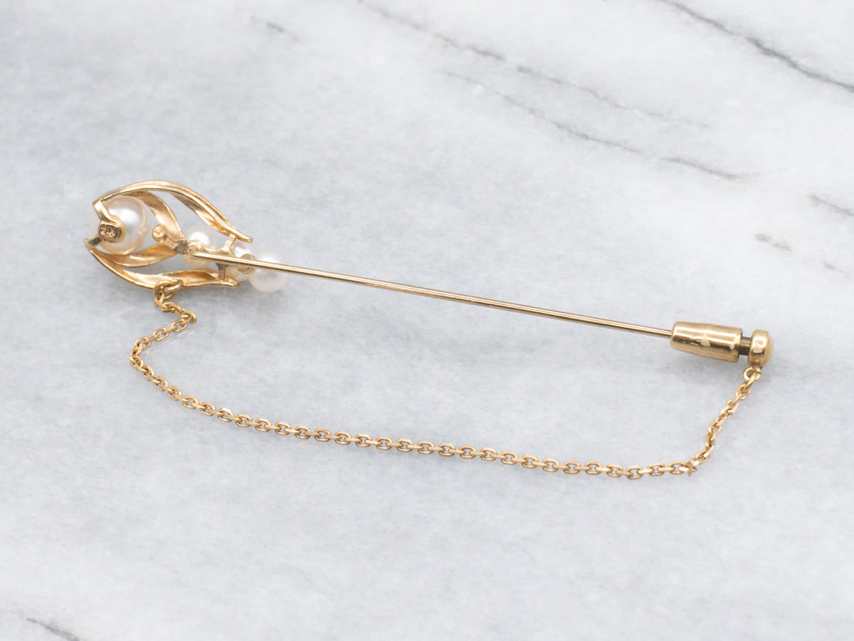 Vintage Saltwater Pearl Yellow Gold Stick Pin