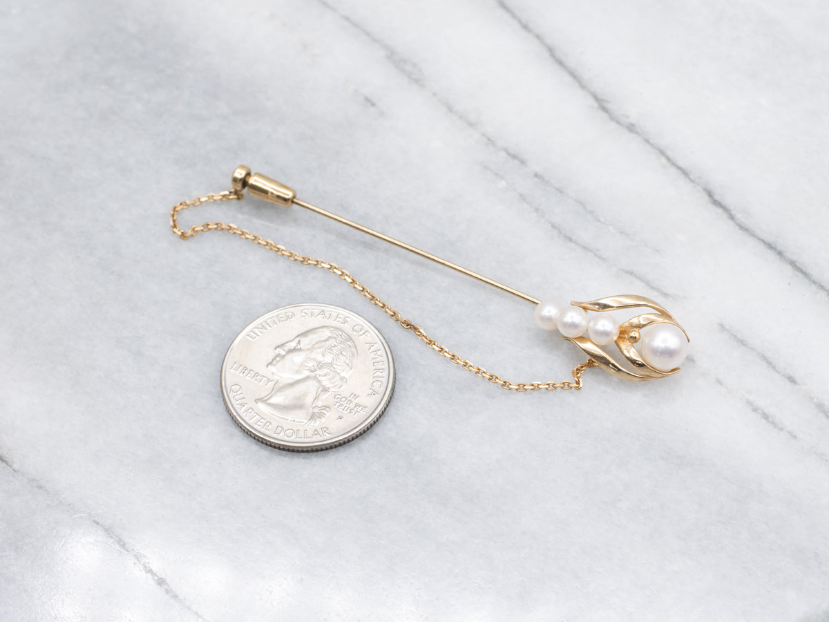 Vintage Saltwater Pearl Yellow Gold Stick Pin