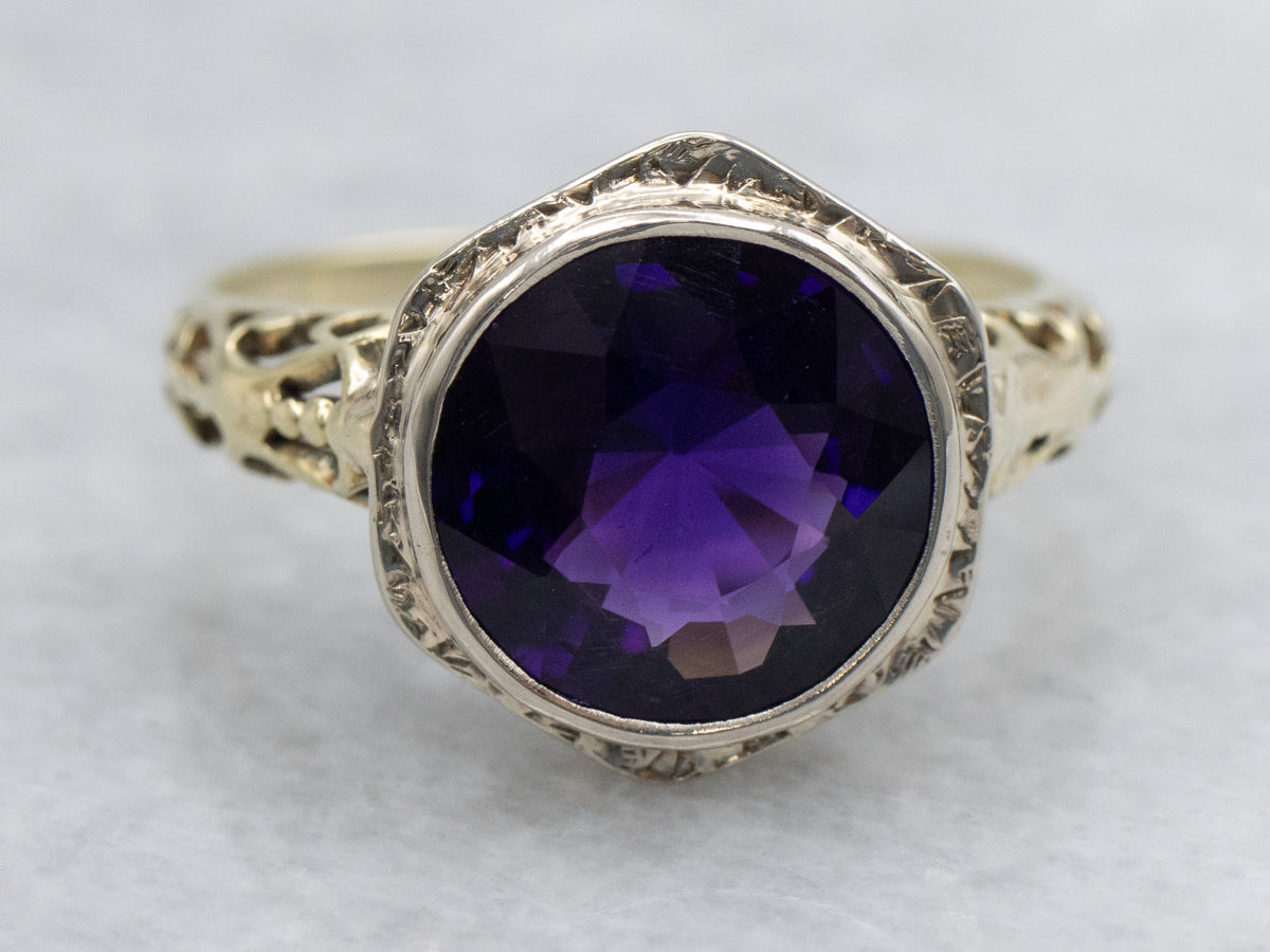 Antique Two-Tone Gold Amethyst Solitaire Filigree Ring