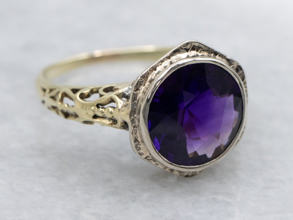 Antique Two-Tone Gold Amethyst Solitaire Filigree Ring