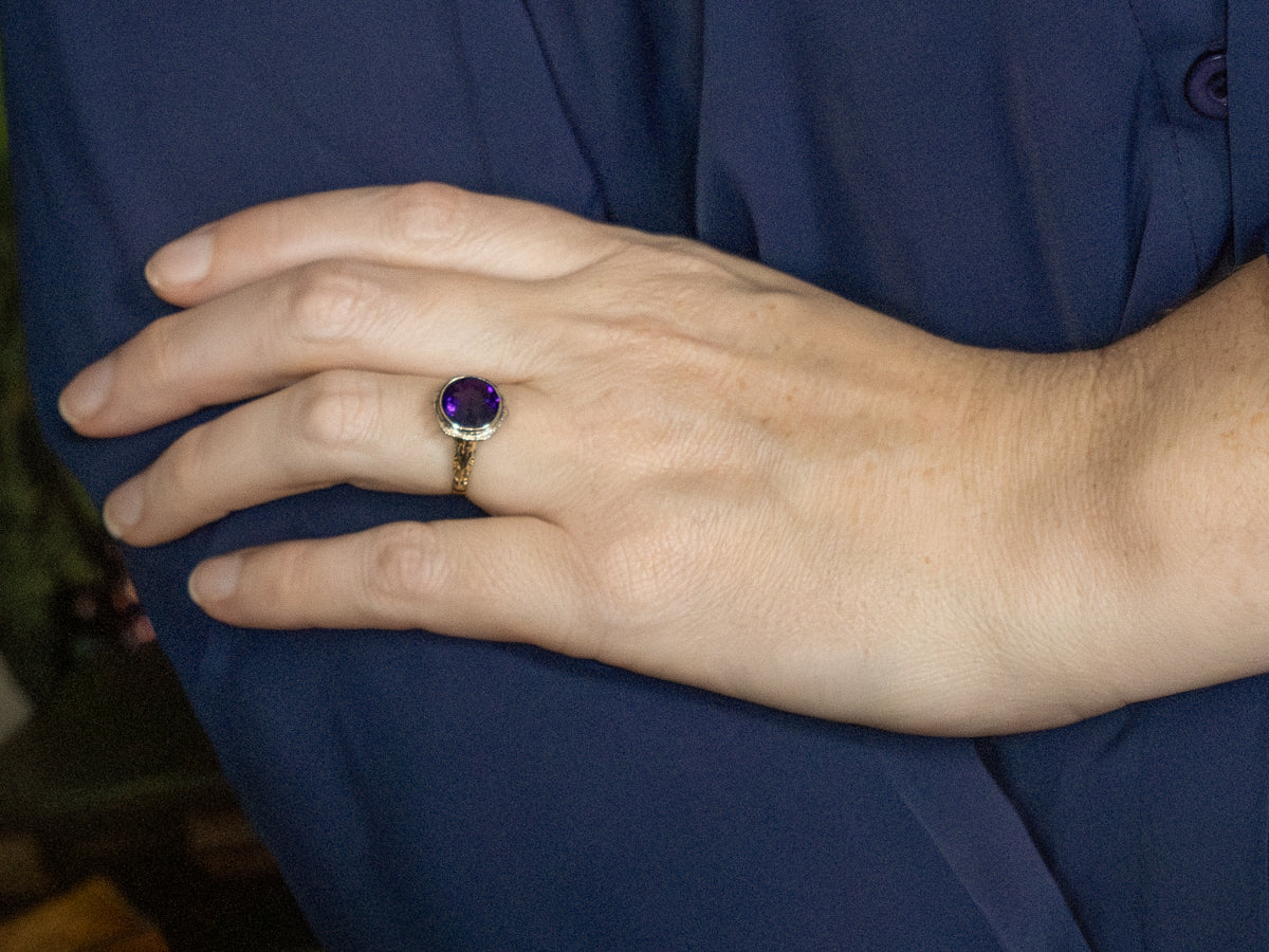 Antique Two-Tone Gold Amethyst Solitaire Filigree Ring