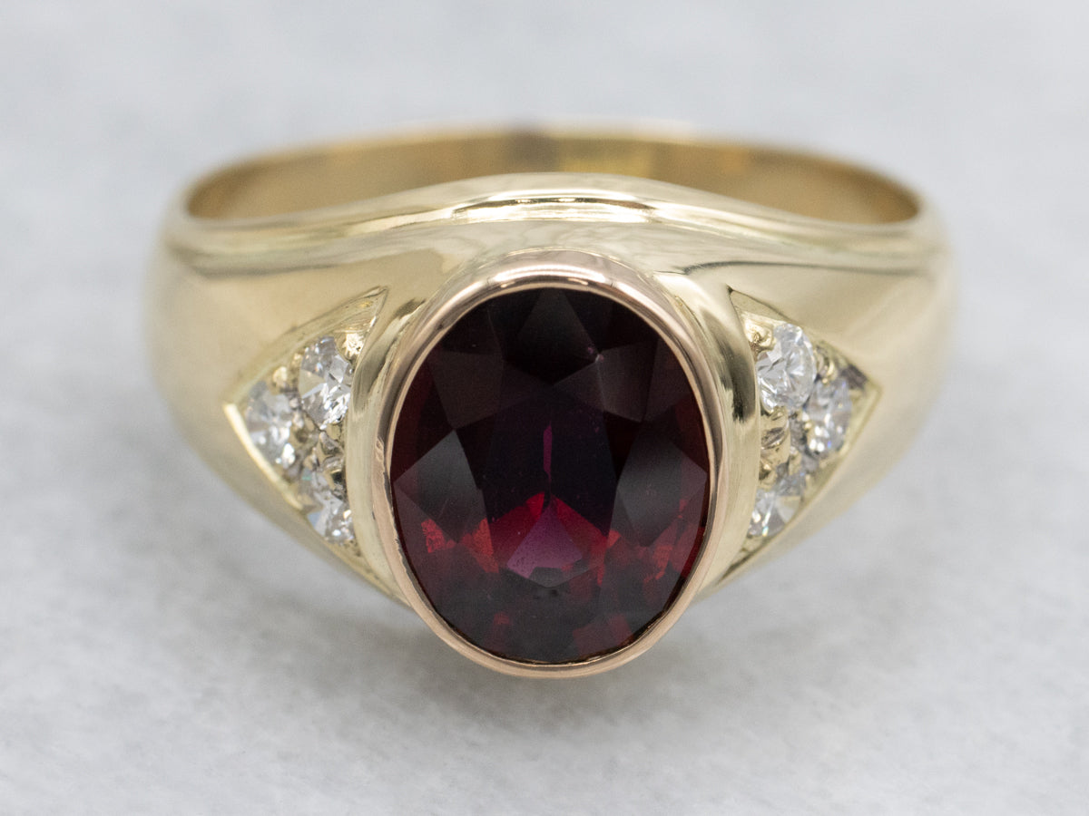 Unisex Bezel Set Garnet and Diamond Yellow Gold Ring