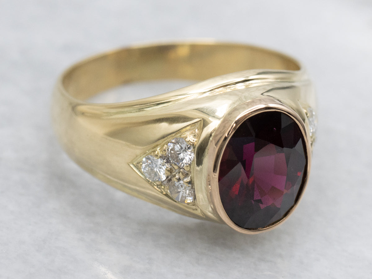 Unisex Bezel Set Garnet and Diamond Yellow Gold Ring
