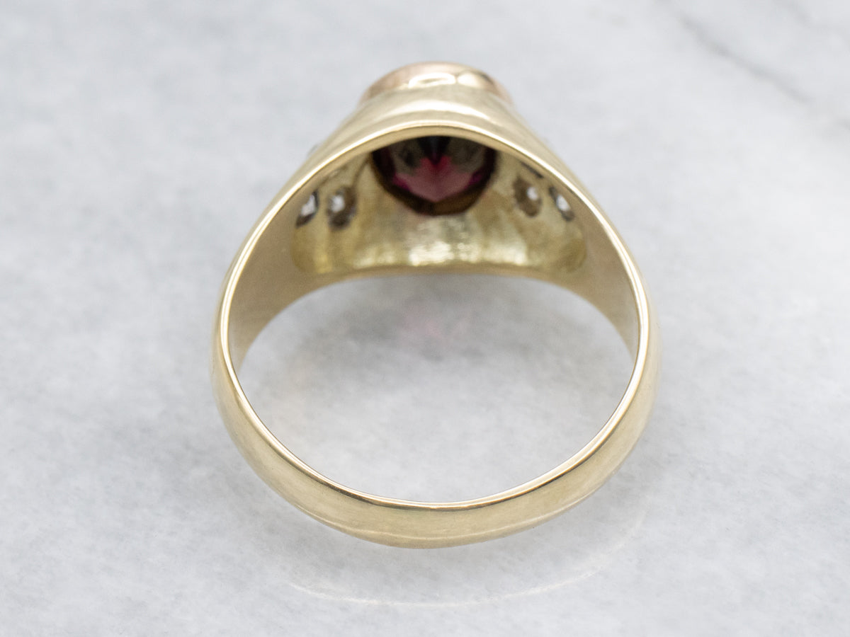 Unisex Bezel Set Garnet and Diamond Yellow Gold Ring