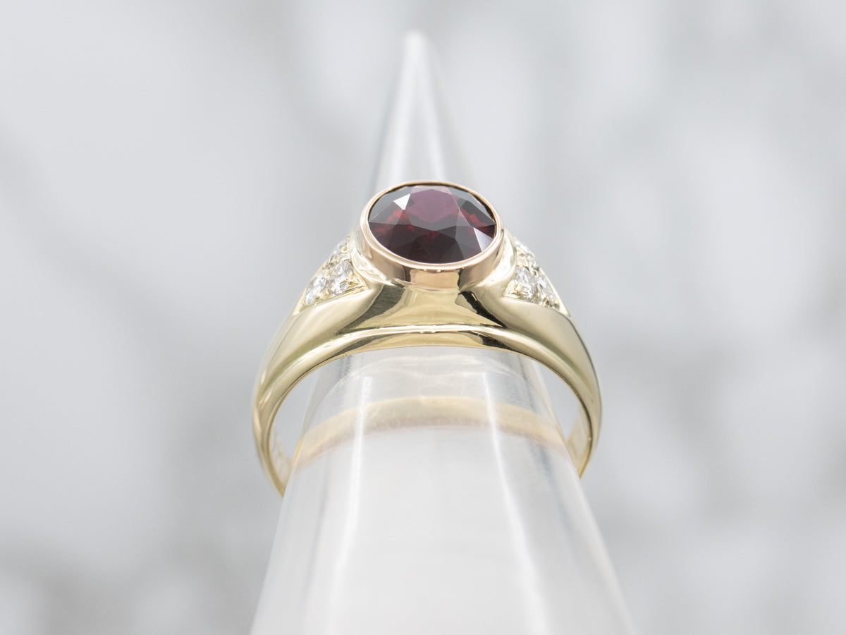 Unisex Bezel Set Garnet and Diamond Yellow Gold Ring