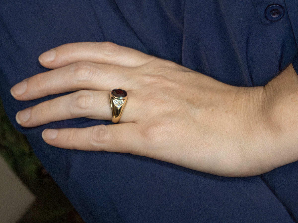 Unisex Bezel Set Garnet and Diamond Yellow Gold Ring