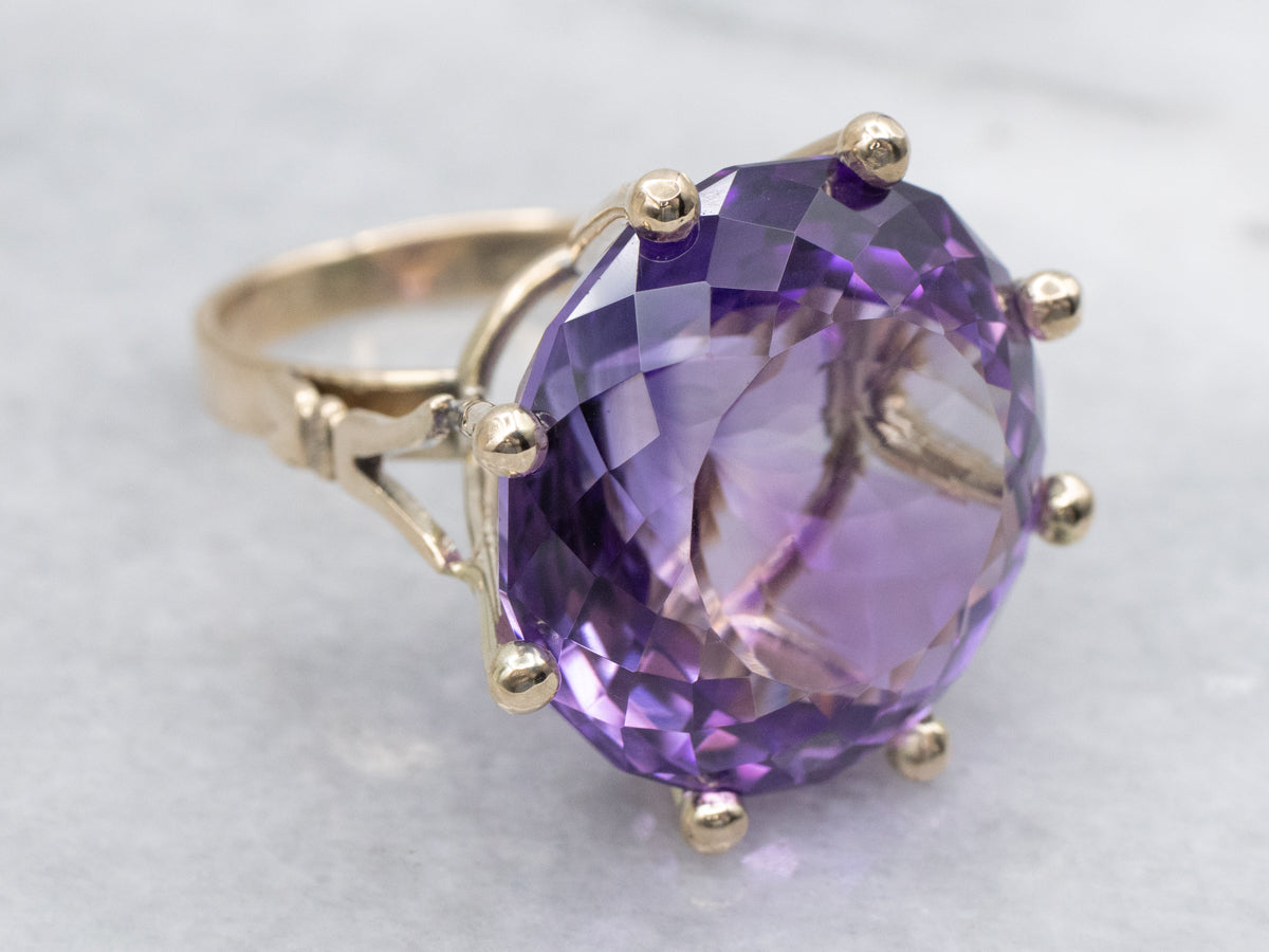 Round Fancy-Faceted Amethyst and Gold Cocktail Ring