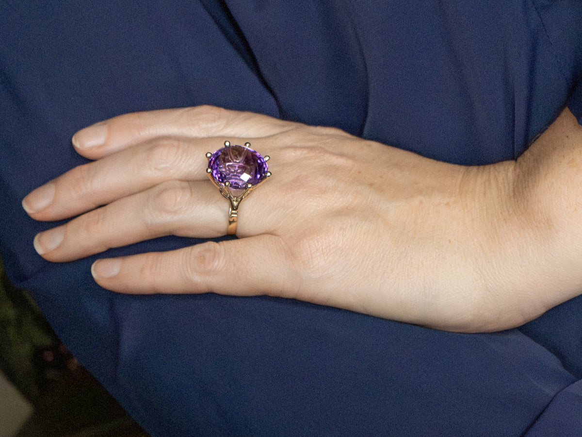 Round Fancy-Faceted Amethyst and Gold Cocktail Ring