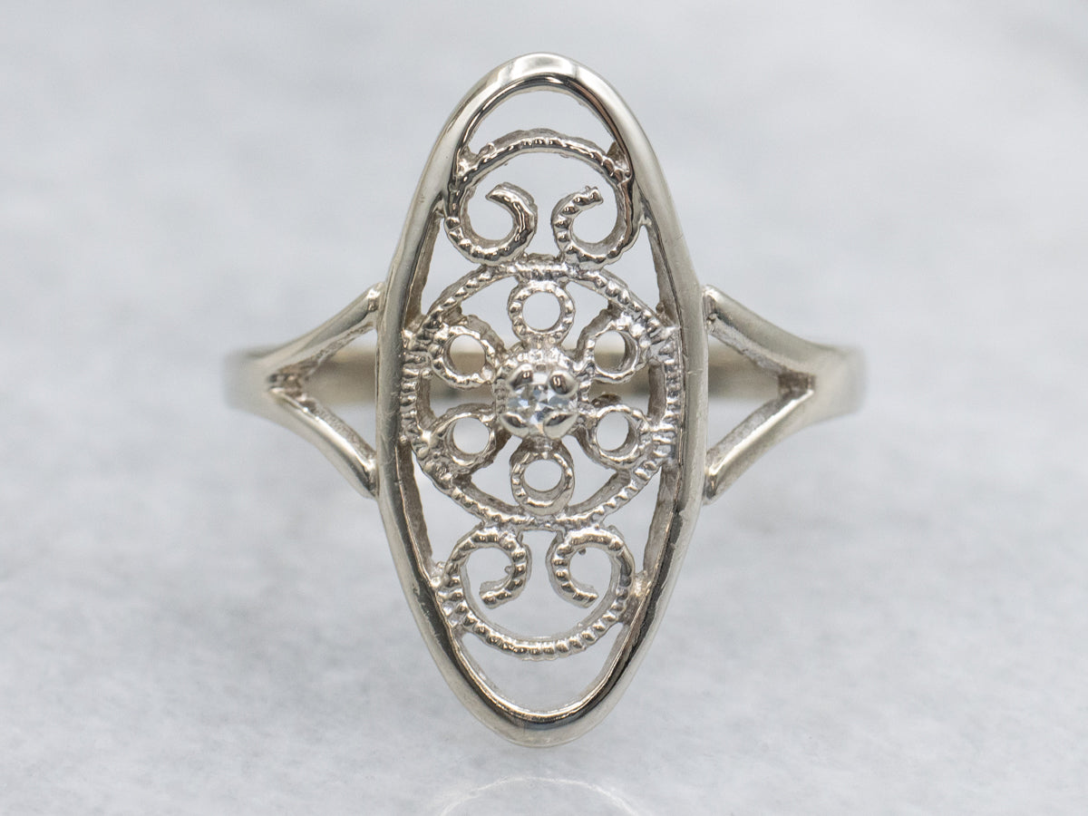 White Gold Scrolling Diamond Filigree Ring
