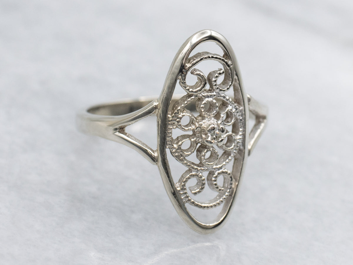 White Gold Scrolling Diamond Filigree Ring