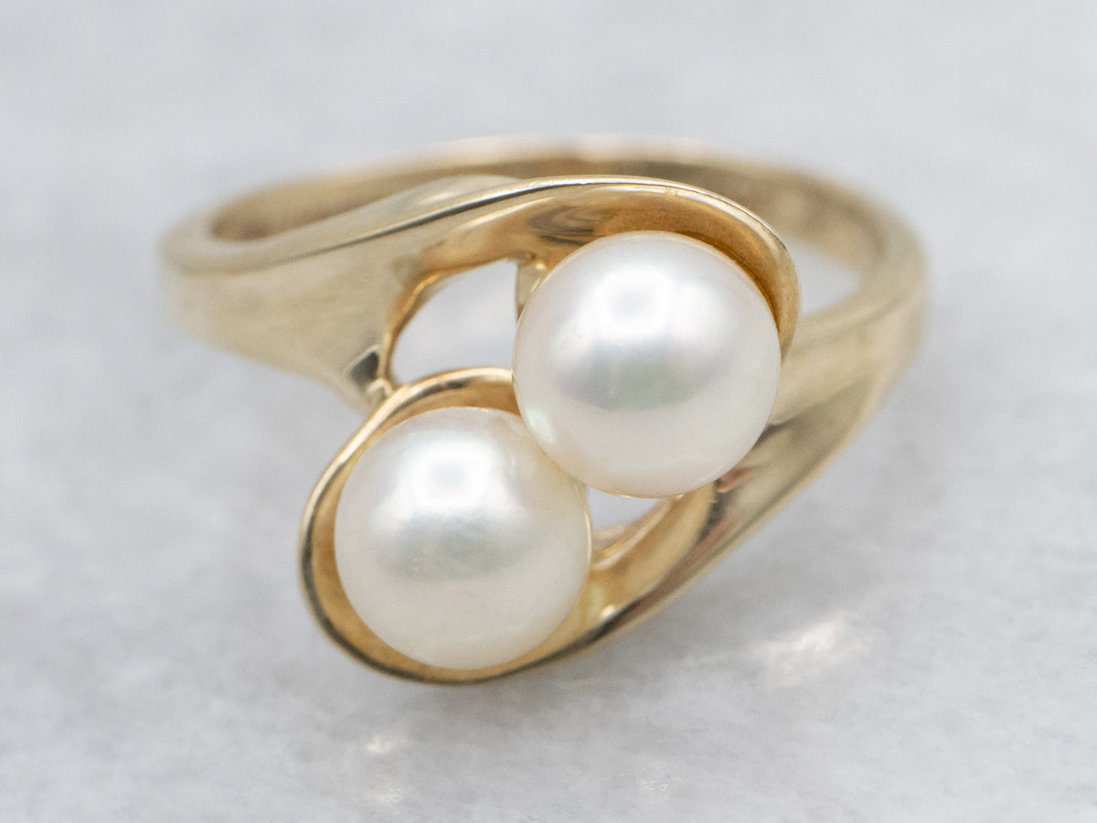 Double Saltwater Pearl Yellow Gold Bypass Ring