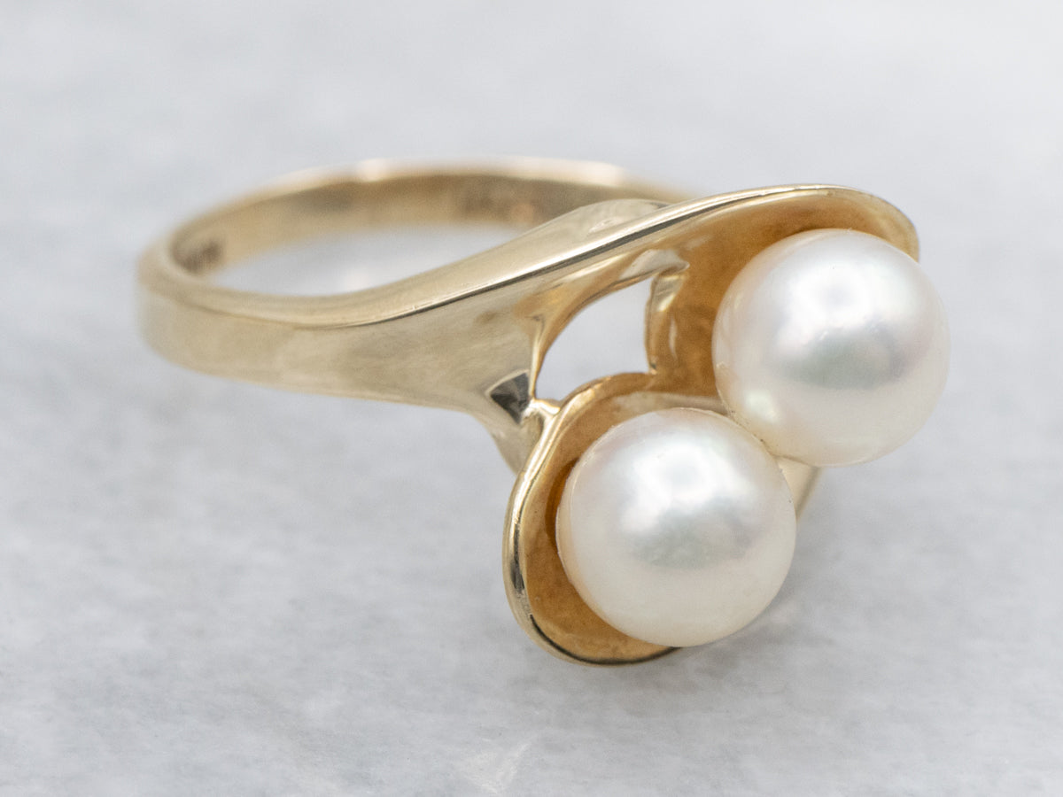 Double Saltwater Pearl Yellow Gold Bypass Ring