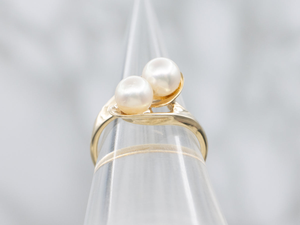 Double Saltwater Pearl Yellow Gold Bypass Ring