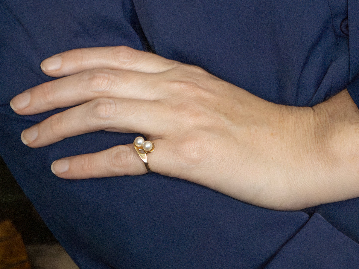 Double Saltwater Pearl Yellow Gold Bypass Ring