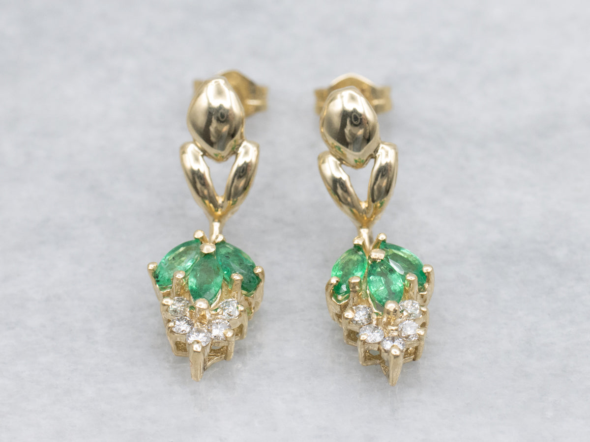 Italian Gold Marquise-Cut Emerald and Diamond Drop Earrings
