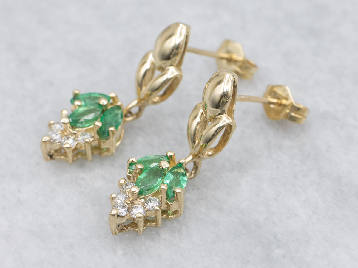 Italian Gold Marquise-Cut Emerald and Diamond Drop Earrings