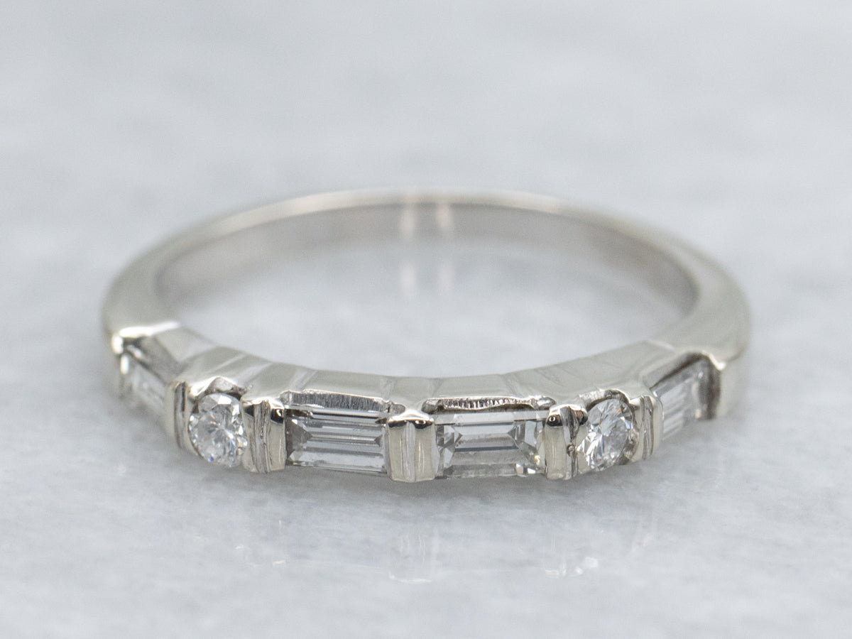 Baguette and Round Cut Diamond White Gold Band