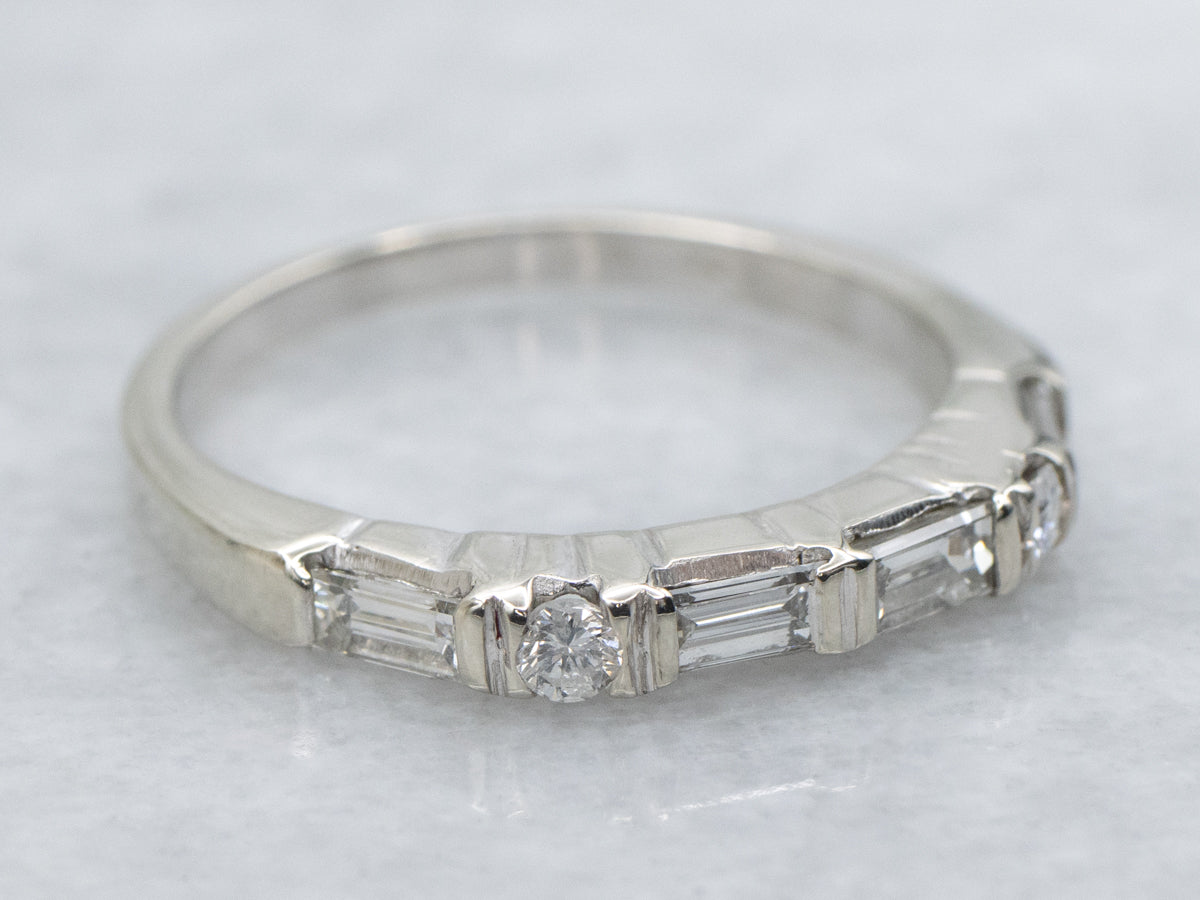 Baguette and Round Cut Diamond White Gold Band
