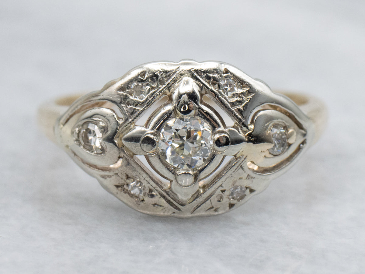 1950s European Cut Diamond Two-Tone Gold Ring
